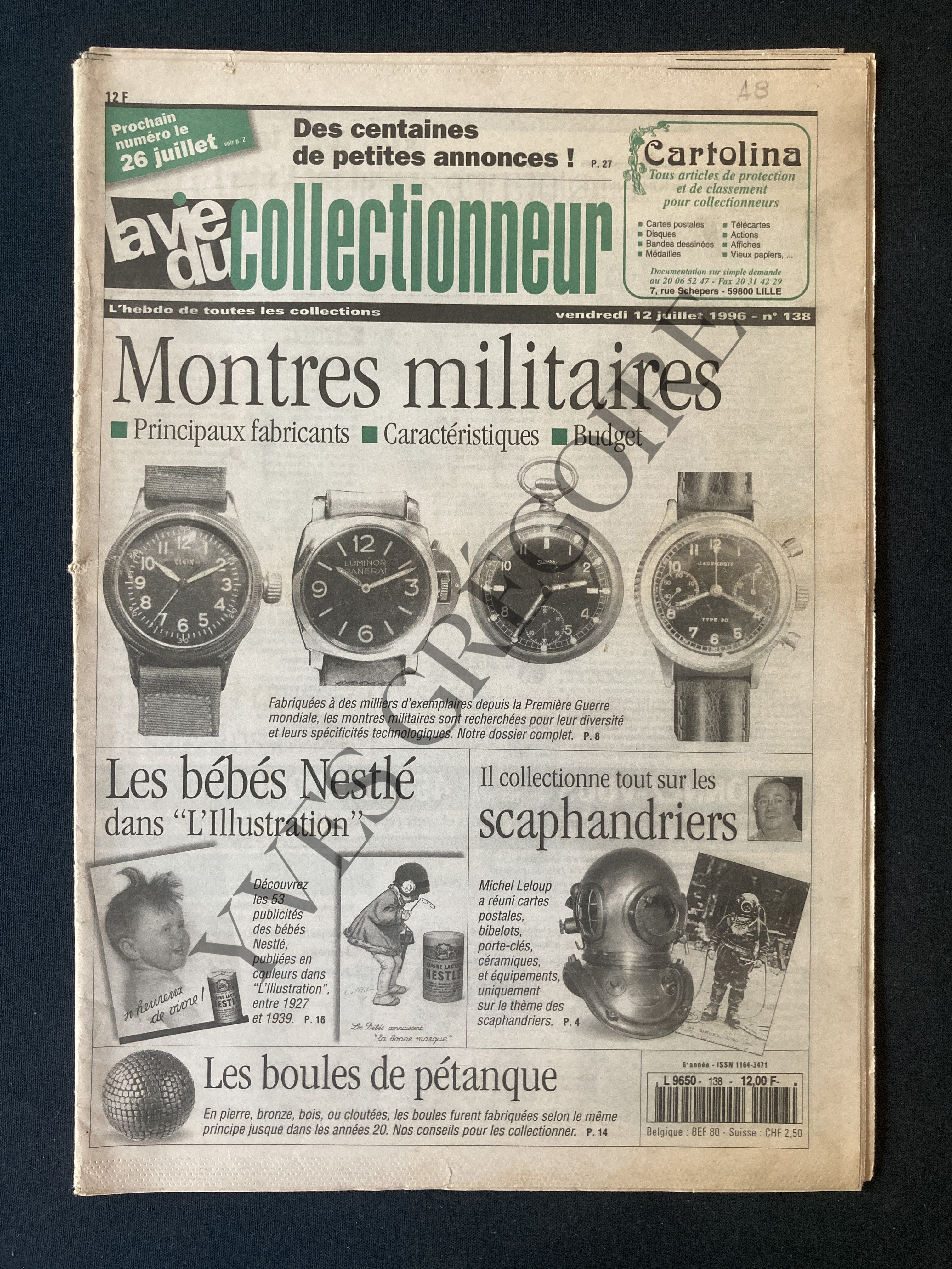 LA VIE DU COLLECTIONNEUR-N°138-12 JUILLET 1996-MONTRES MILITAIRES-SCAPHANDRIERS [Très bon] [Couverture souple]