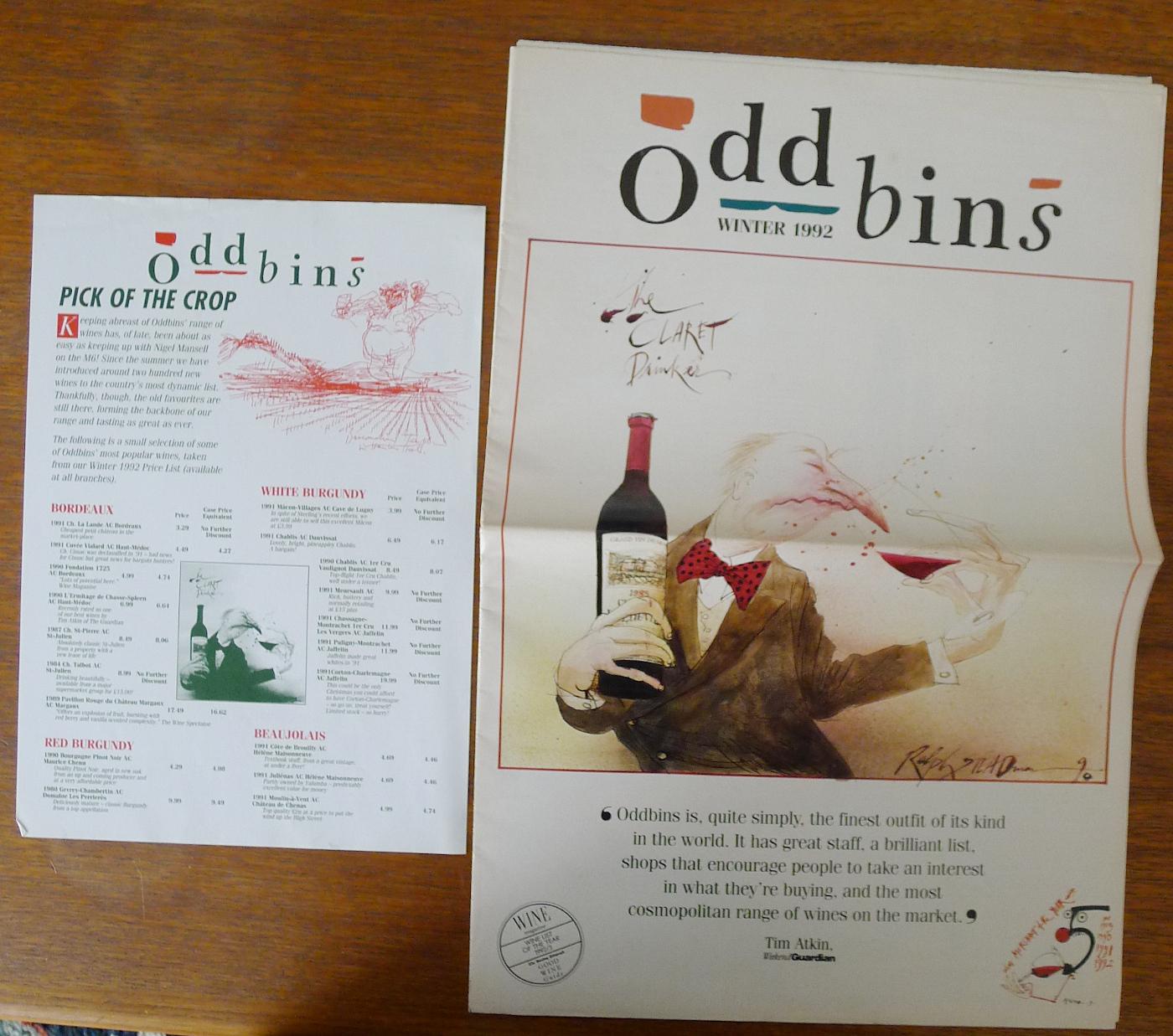 Oddbins Wine List Winter 1992 by RALPH STEADMAN EPHEMERA Very Good