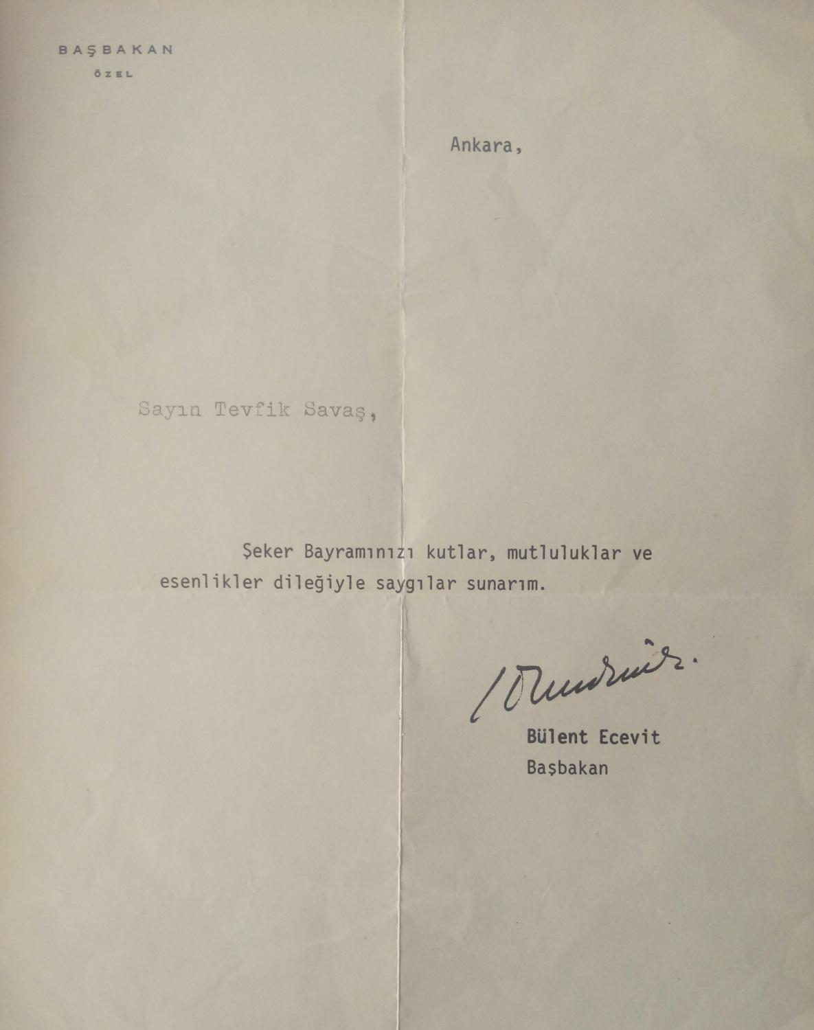 Typescript letter signed 'Bülent Ecevit' sent to Tevfik Savas. by 