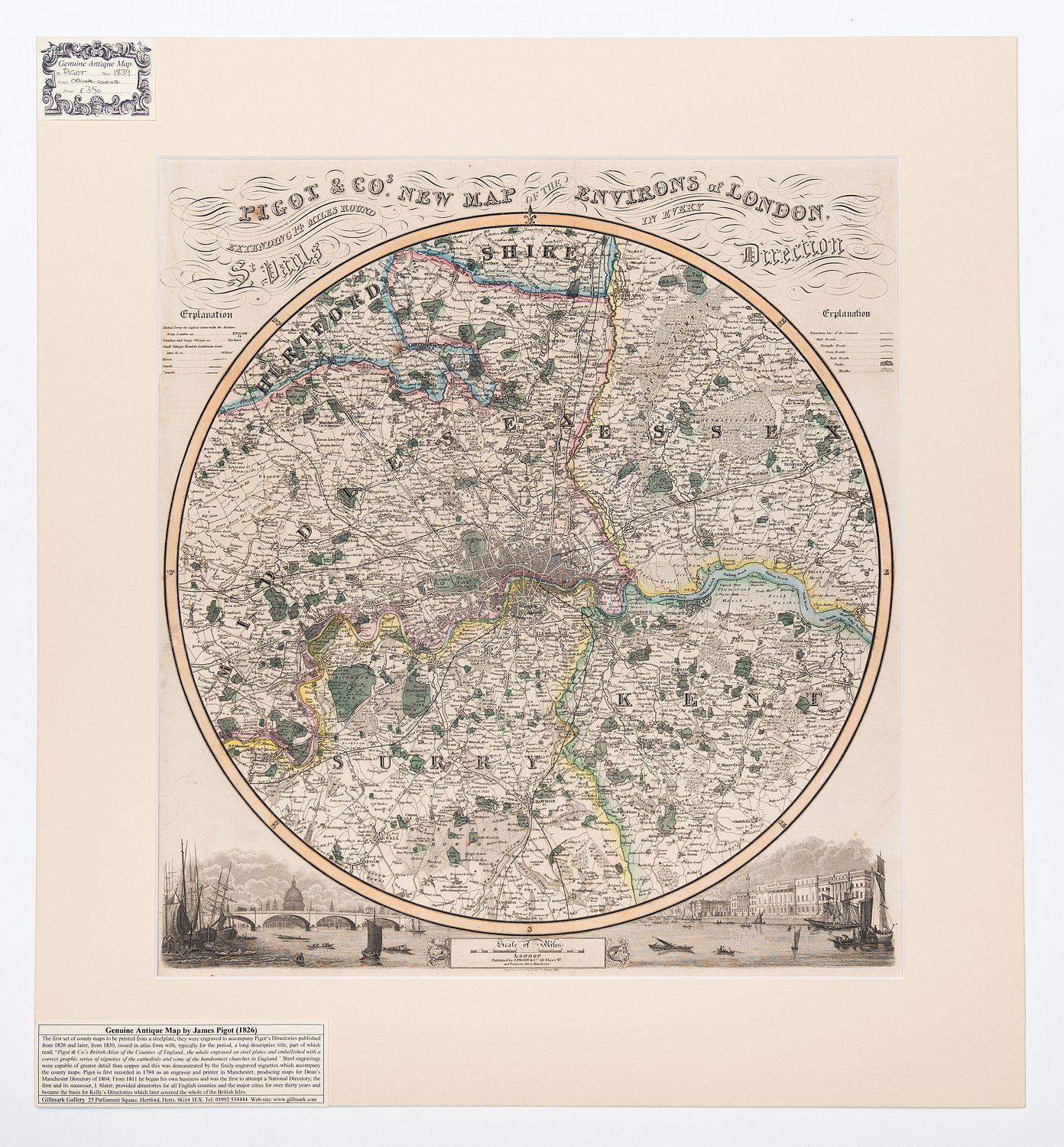 Pigot & Cos. New Map of the Environs of London: Extending 14 Miles Round St. Pauls In Every Direction. PIGOT, [James], and Co. [ ]