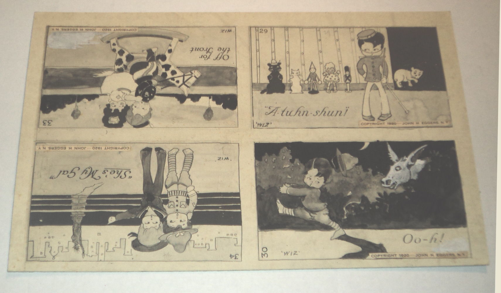 [Signed] ORIGINAL PEN, INK & WATERCOLOR WASH DRAWINGS SIGNED "WIZ", possibly as illustrations for a children's book about CHILDREN IN SOLDIER'S