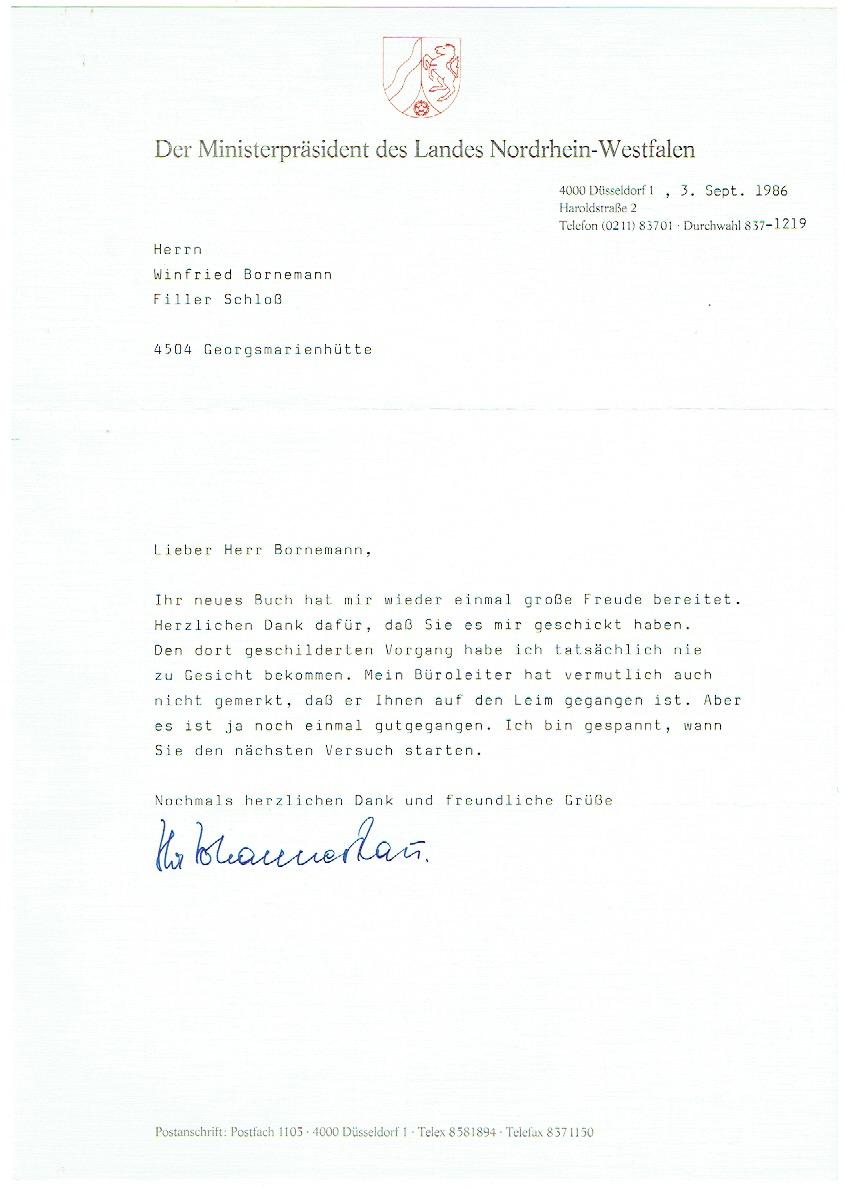 Ms. Brief mit eigenh. Unterschrift. von Rau, Johannes, deutscher