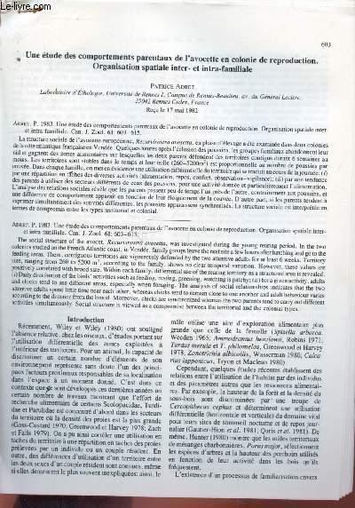 Tire A Part Can J Zool N 61 Une Etude Des Comportements Parentaux De L Avocette En Colonie De Reproduction Organisation Spatiale Inter Et Intra Familiale De Adret Patrice Bon Couverture Souple