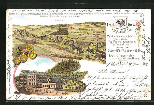 Lithographie Klingenthal I Sa Ortsansicht Musikinstrumenten Fabrik Ernst Hess 1900 Manuscript Nbsp Nbsp Paper Nbsp Collectible Bartko Reher