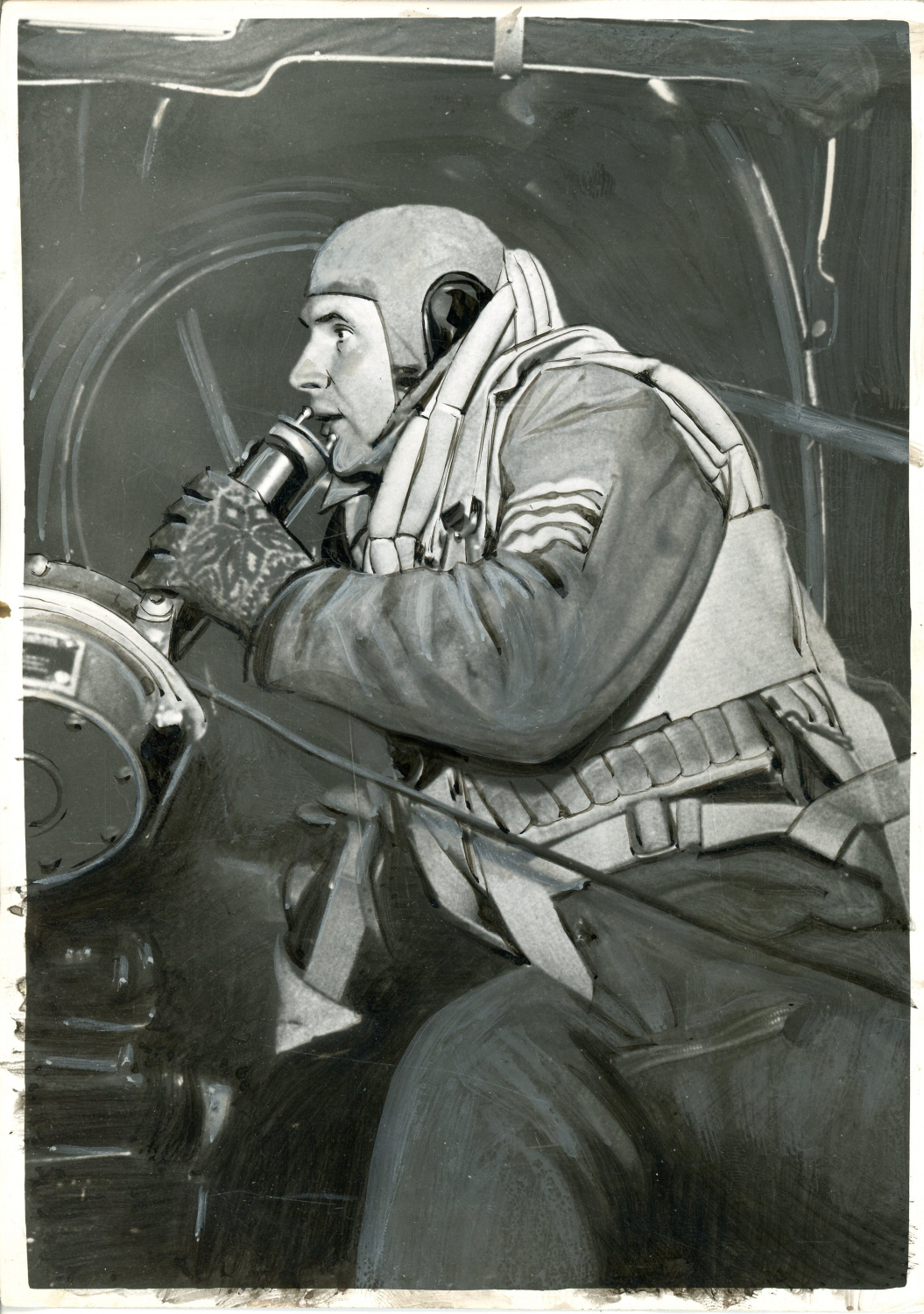 Guerre 39/45, journaliste de radio soumet son rapport au microphone pendant un vol, 1940, vintage silver print Photographie originale / Original phot