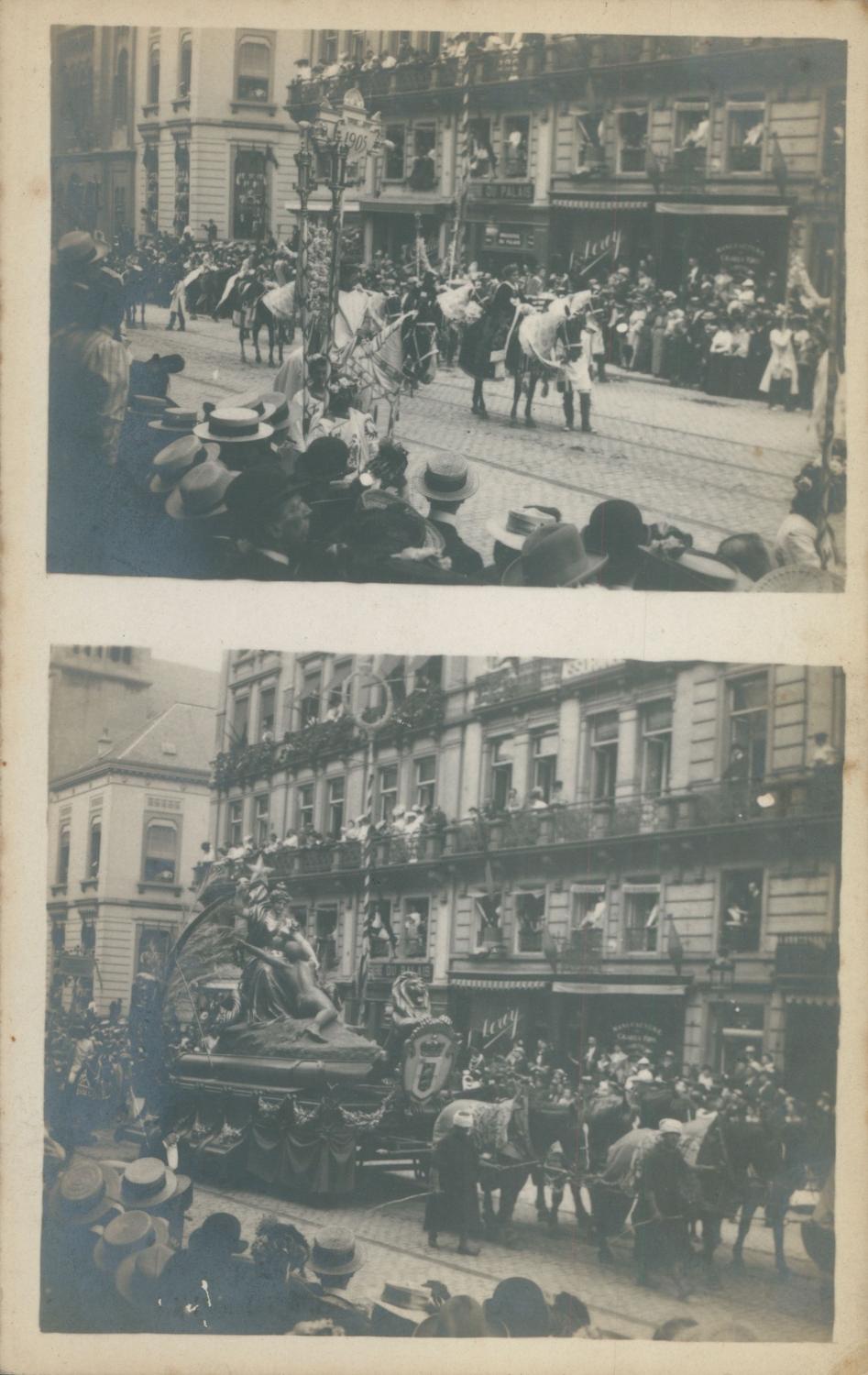 Belgique, Fête de l Indépendance à Bruxelles, Char d Afrique et Porte-cartes à cheval, ca.1910, Vintage silver print on carte postale paper Photograp