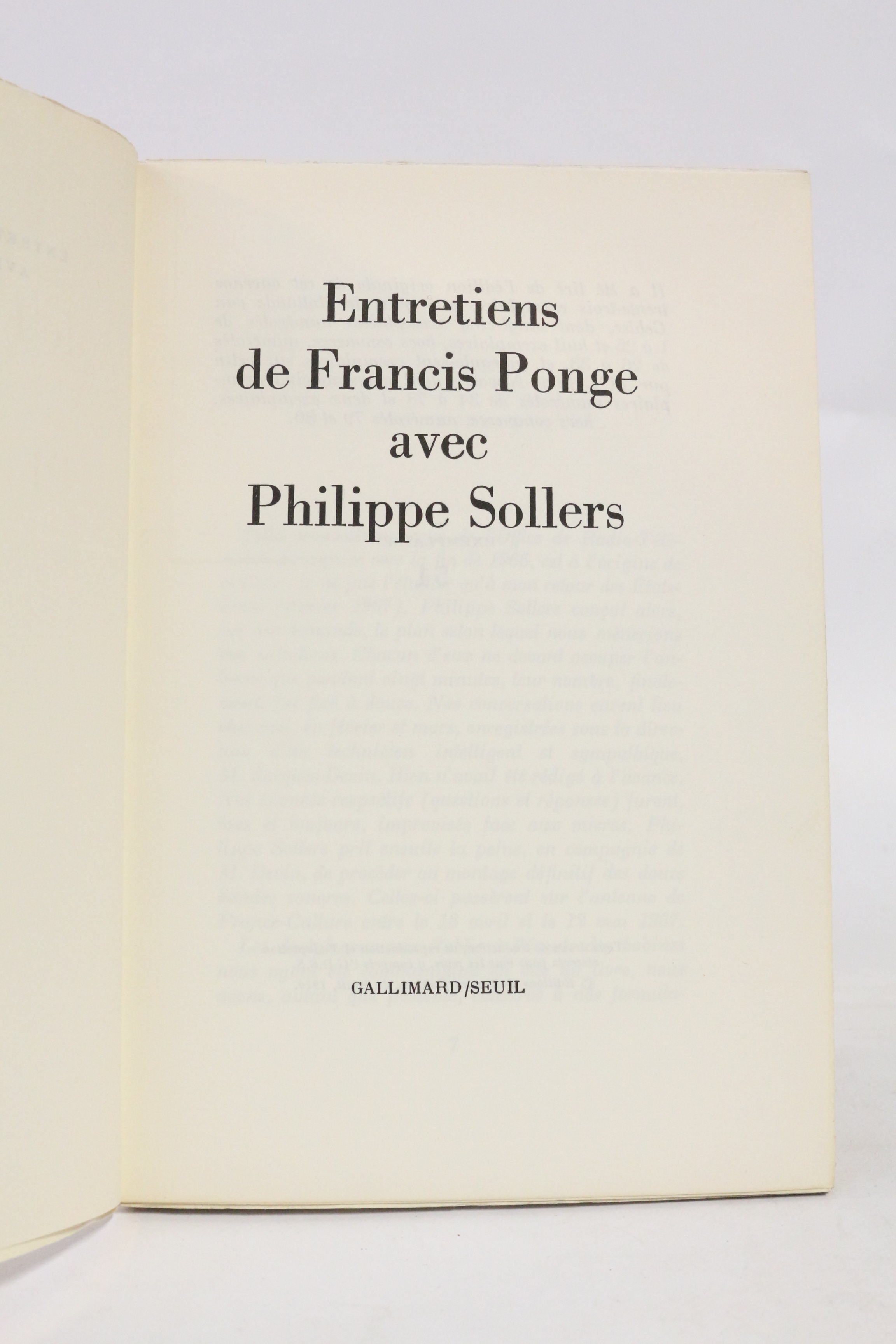 Entretiens de Francis Ponge avec Philippe Sollers de PONGE Francis ...