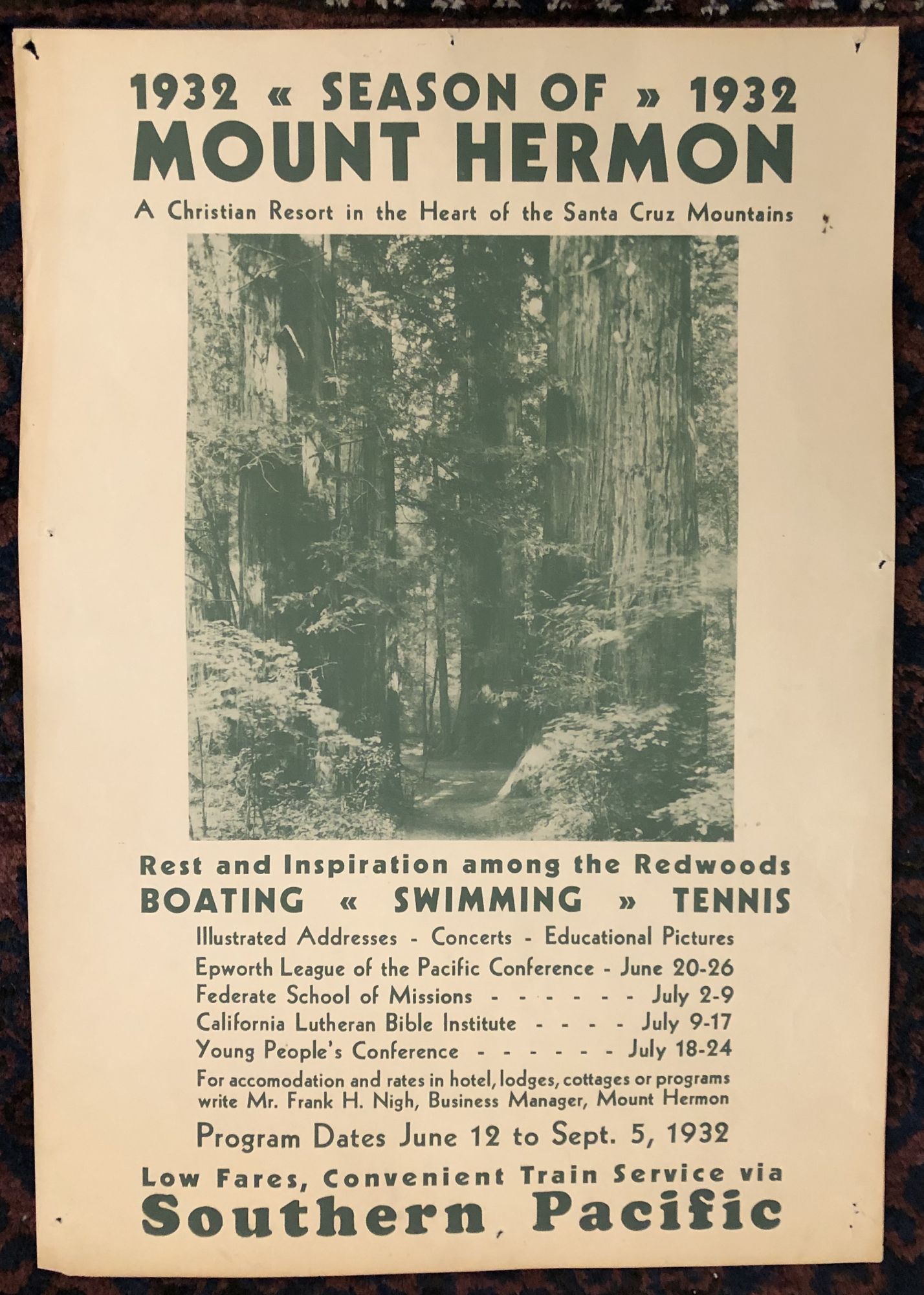 SEASON OF MOUNT HERMON. Southern Pacific Railroad Poster. 1932. (Original Vintage Poster) [Very Good]