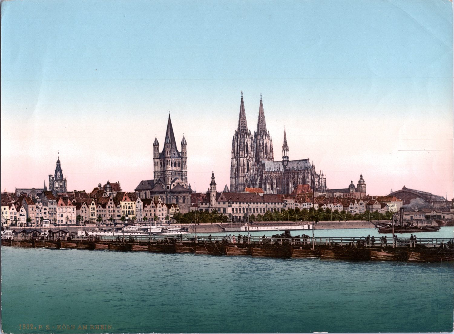 vintage print Köln am Rhein mit der Schiffbrücke von Deutz aus Deutschland 