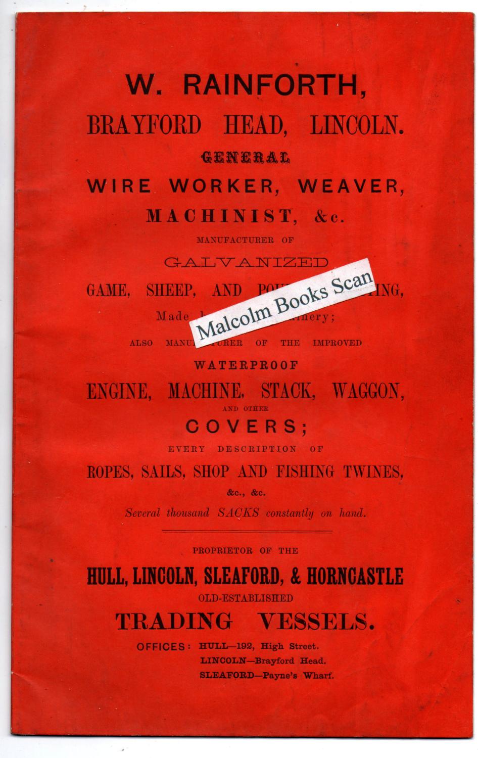 W. Rainforth catalogue/price list (malt & lime screens, sack barrows etc. & some details only of Rainforth’s Hull, Lincoln, Sleaford & Horncastle old