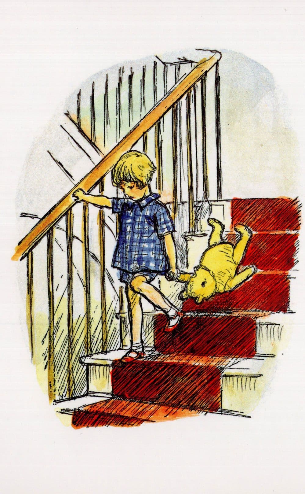 WINNIE-THE-POOH POSTCARD ~ POOH BEAR & CHRISTOPHER ROBIN GOING UP THE STAIRS 