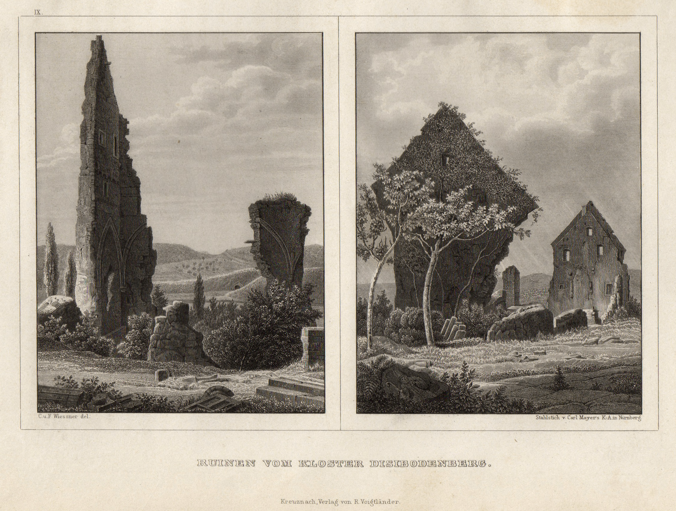 Ruine Dissibodenberg, Blatt mit zwei Ruinenansichten. by