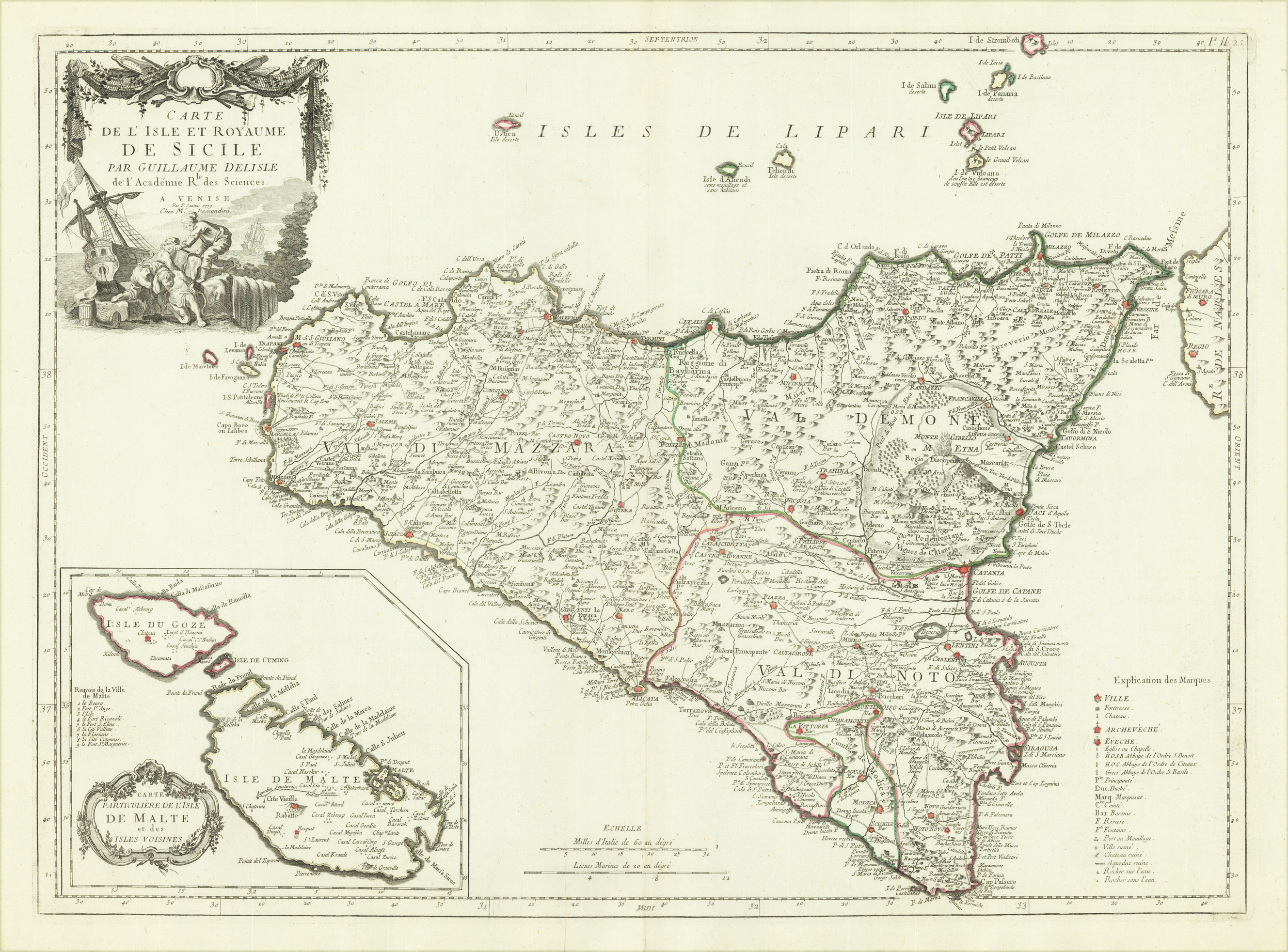 Carte De L Isle Et Royaume De Sicile Par Guillaume Delisle De L Acadamie R Le Des Sciences A Venise Par P Santini 1779 Chez Mr Remondini Carte Particuliere De L Isle