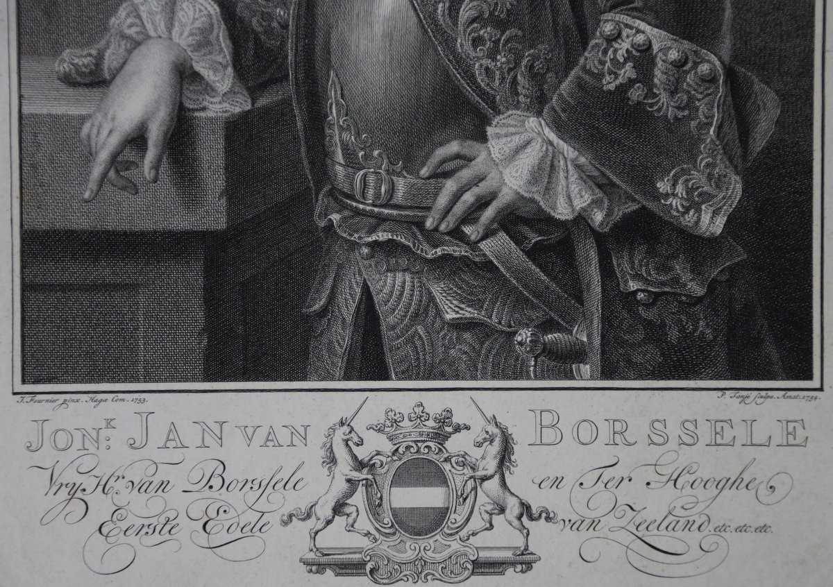 Portrait Halbigur Nach Links Das Gesicht En Face Unten Mit Wappen Und Text Jan Van Borssele Vry Hr Borssele En Ter Hooghe Erste Edele An Zeeland Kuperstich Von Pieter Tanje 1706 1761 Nach