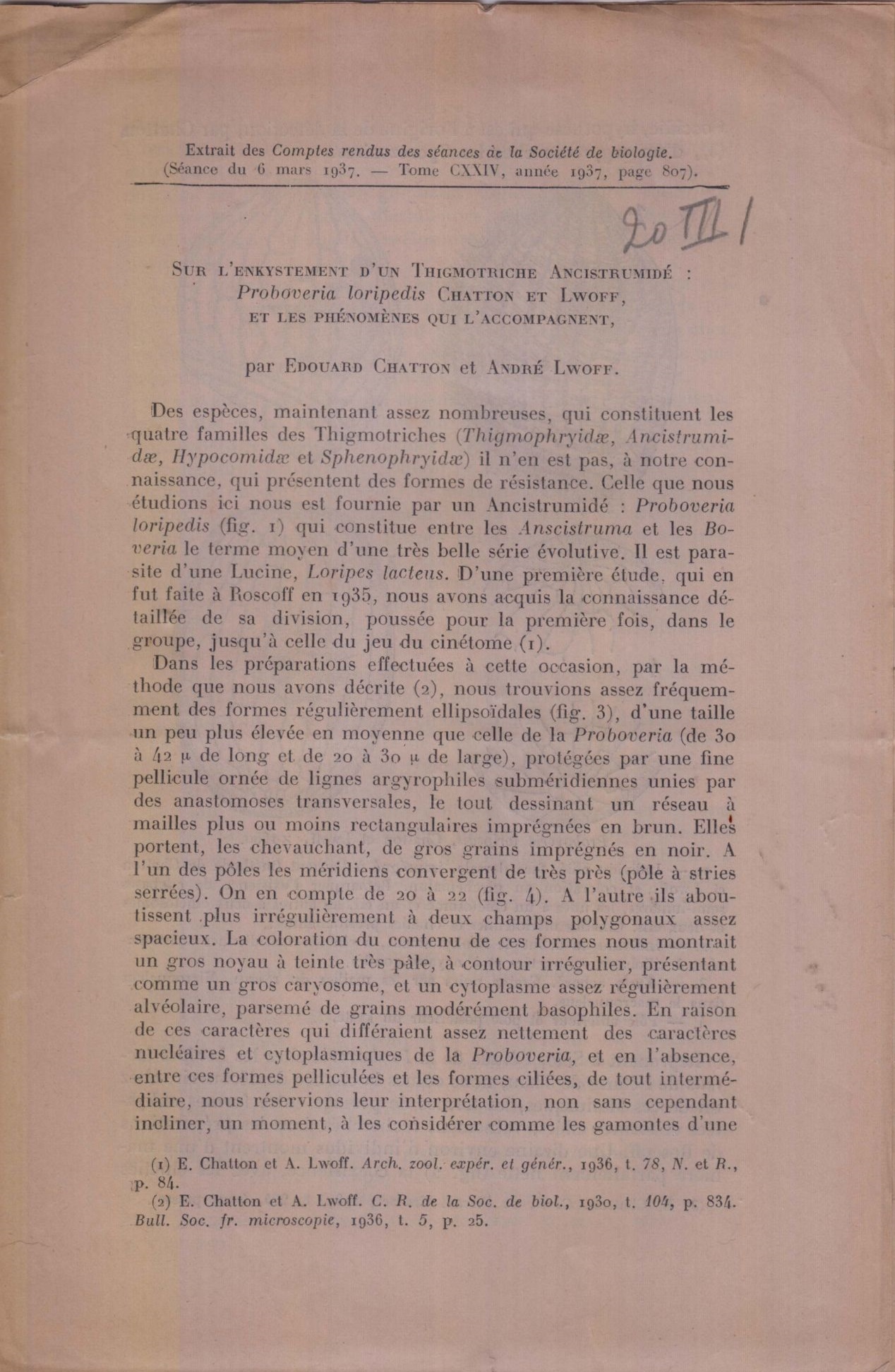 Sur L Enkystement D Un Thigmotriche Ancistrumide Proboveria Loripedis Chatton Et Lwoof Et Les Phenomenes Qui L Accompagnent By Chatton Edouard And Andre Lwoff Von Chatton Edouard And Andre Lwoff Very Good 1937 Robinson