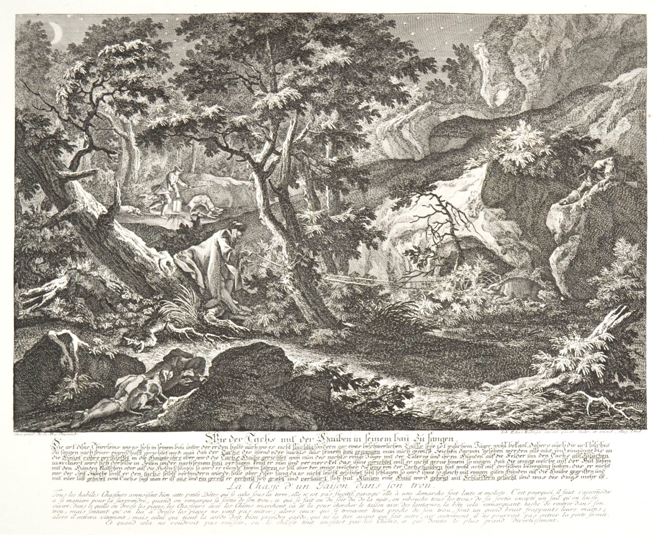 Hecht und Fuchs Fang Jagdbild von Elias Ridinger 1763 Wilderer A3 211 Gerahmt 