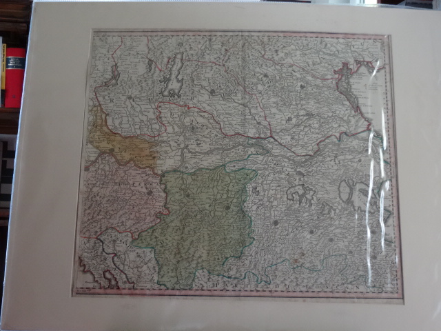 kolorierte Kupferstichkarte, Johann Baptist Homann nach Augustino Cerruti, Cursus Fluminis Padi vel Po per Longobardiam a fonte usque Ostia. Map of t