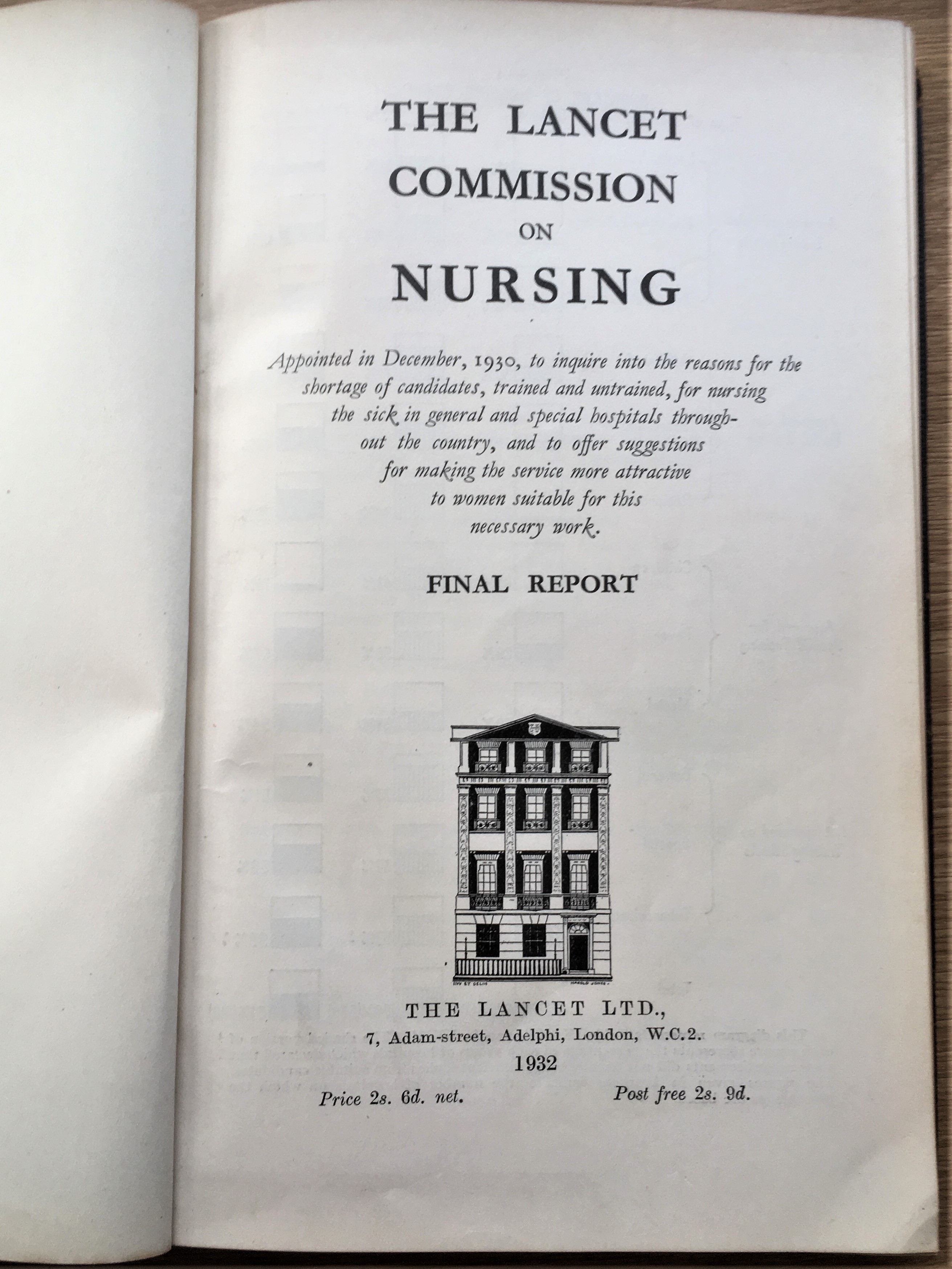 THE LANCET COMMISSION ON NURSING. FINAL REPORT VG Black Leather (1932) 1st ed. Douglas Books
