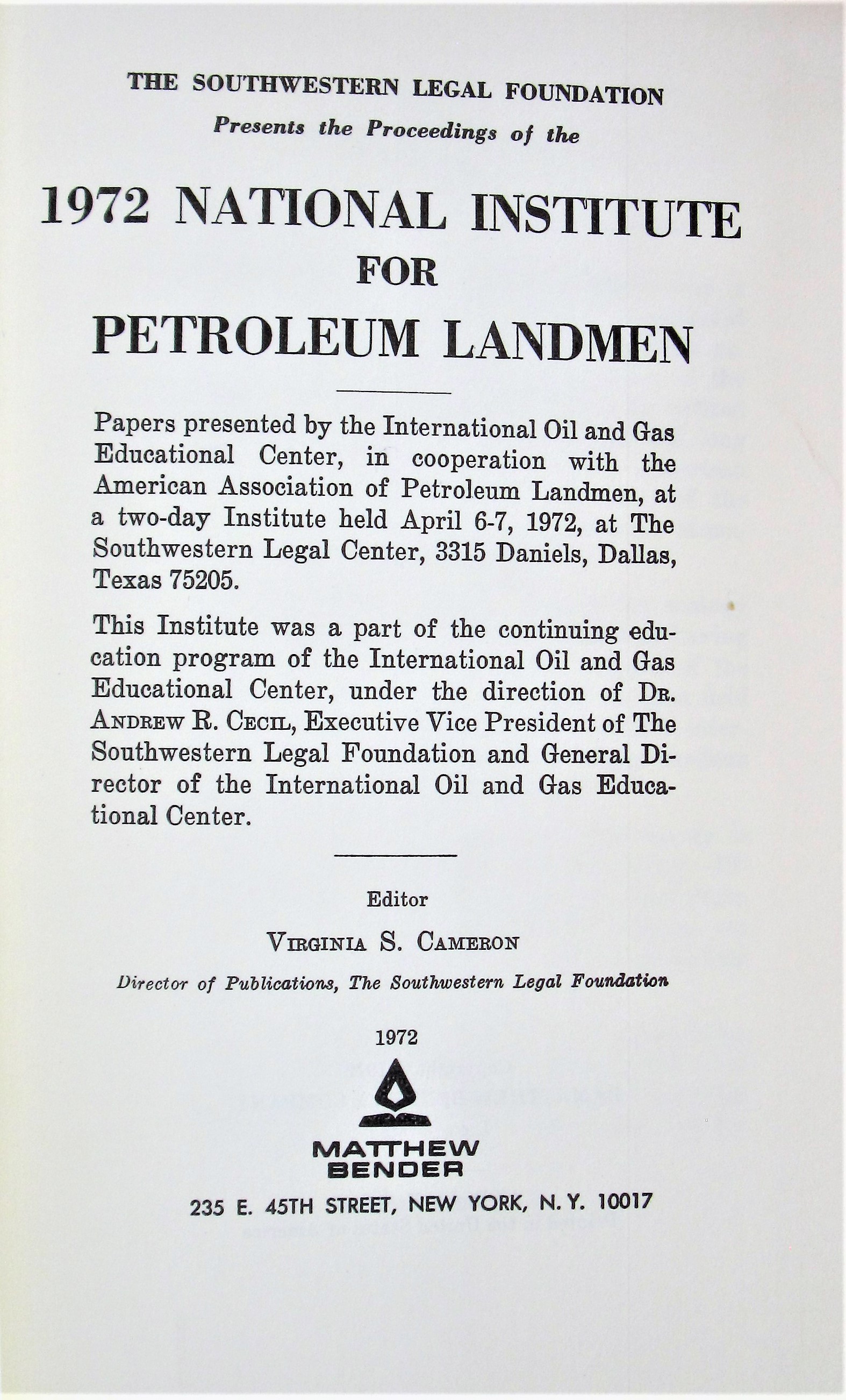 1972 National Institute for Petroleum Landmen by Cameron, Virginia S