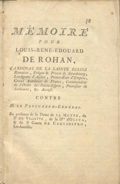 MEMOIRE POUR LOUIS-RENÉ-ÉDOUARD DE ROHAN, CARDINAL DE LA SAINTE ÉGLISE ...