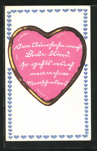 Ansichtskarte LebkuchenHerz mit Spruch Den Auerhahn macht Liebe blind