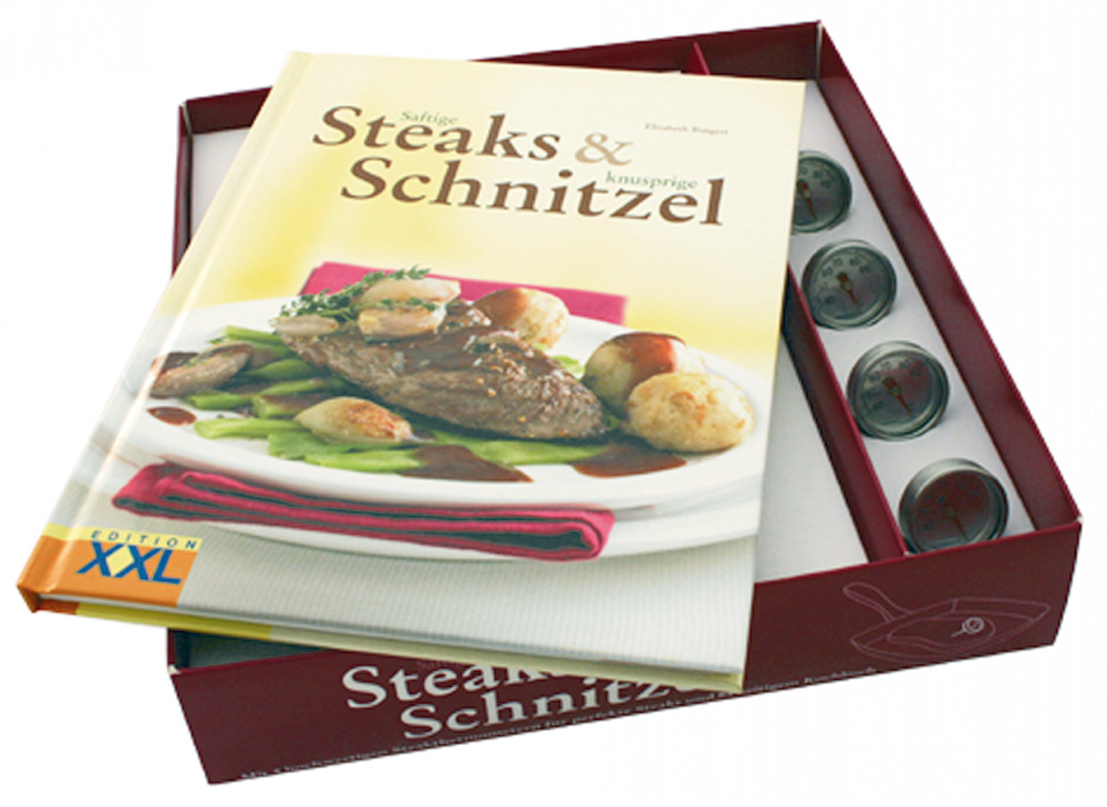 Von Elisabeth Bangert. 2011. - Saftige Steaks und knusprige Schnitzel. Buch und 4 Steakthermometer.