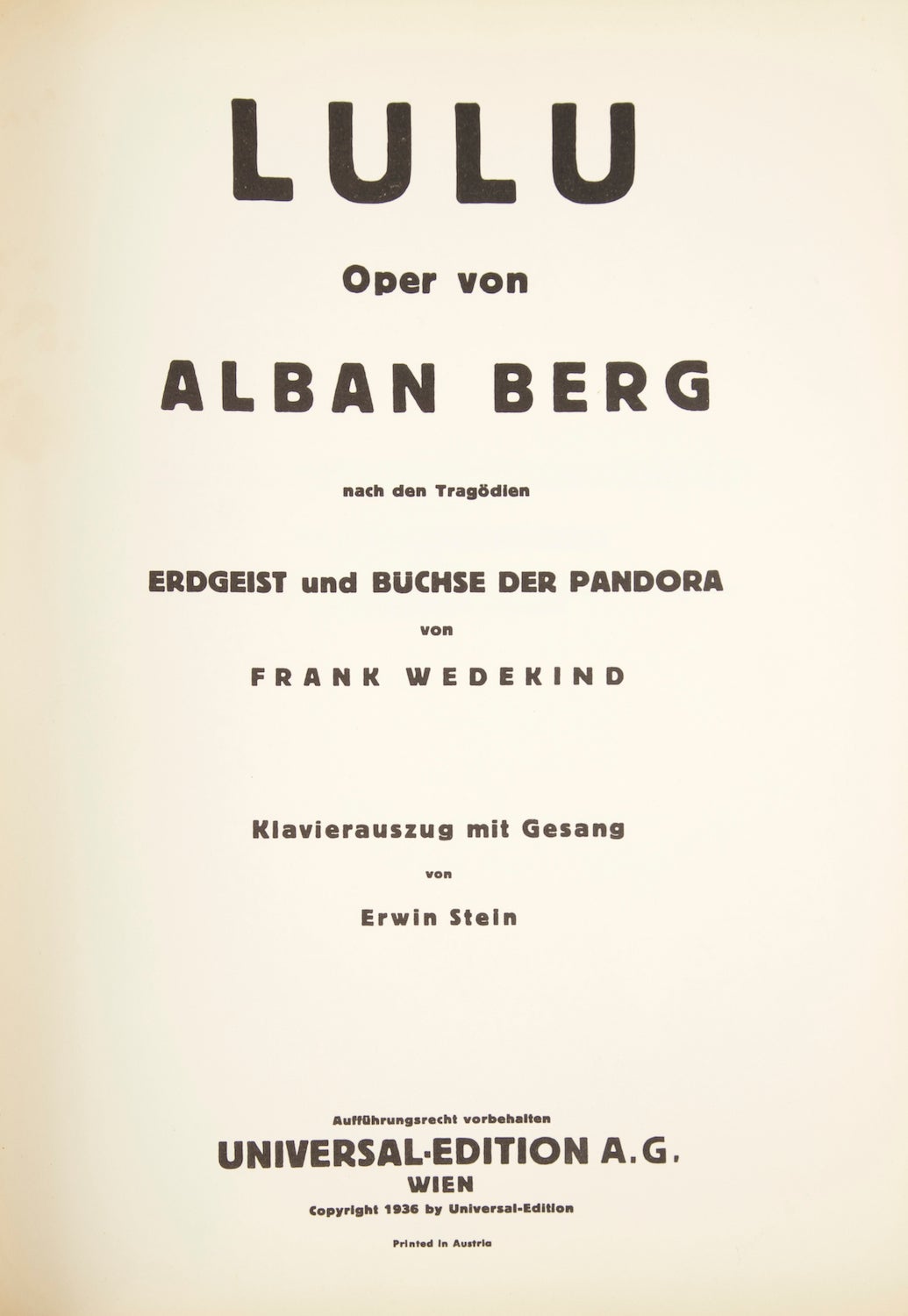 Lulu [Piano-vocal score] Oper nach den ...