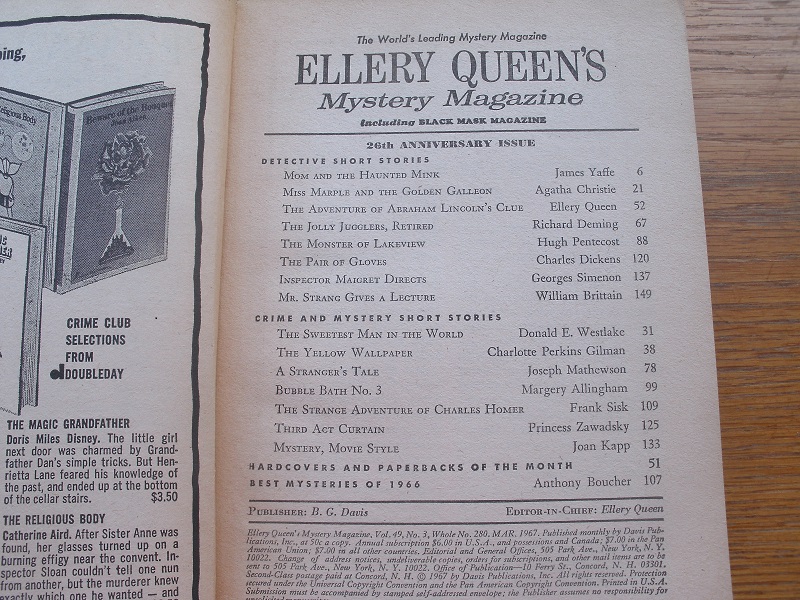 Ellery Queen's Mystery Magazine March 1967 Queen, Ellery (ed), James Yaffe, Agatha Christie, Ellery Queen, Richard Deming, Hugh Pentecost, Charles Di