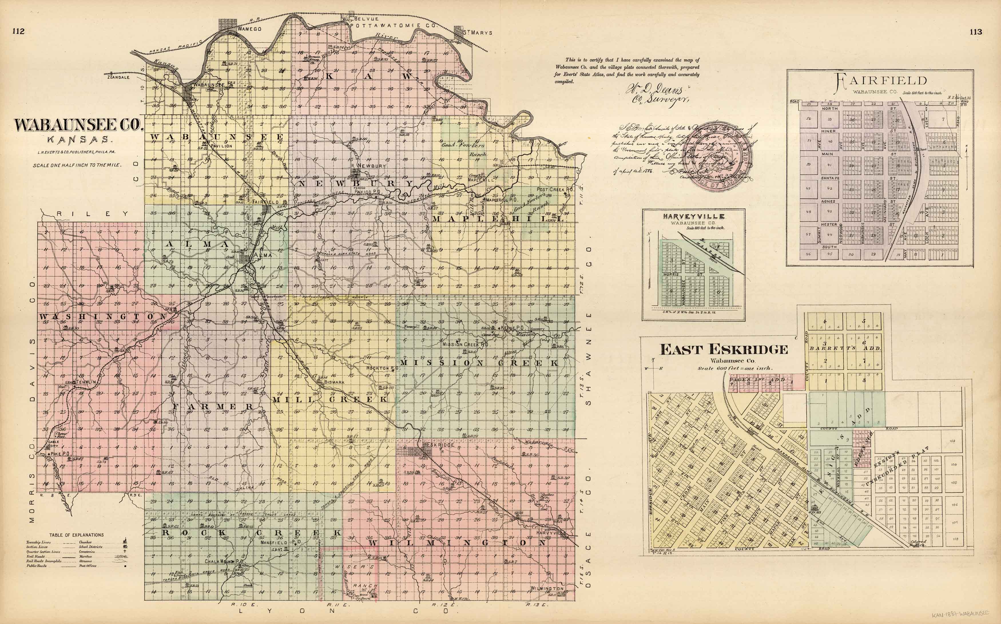L.H. Evert's 1887 Map of Wabaunsee County, East Eskbridge, Harveyville