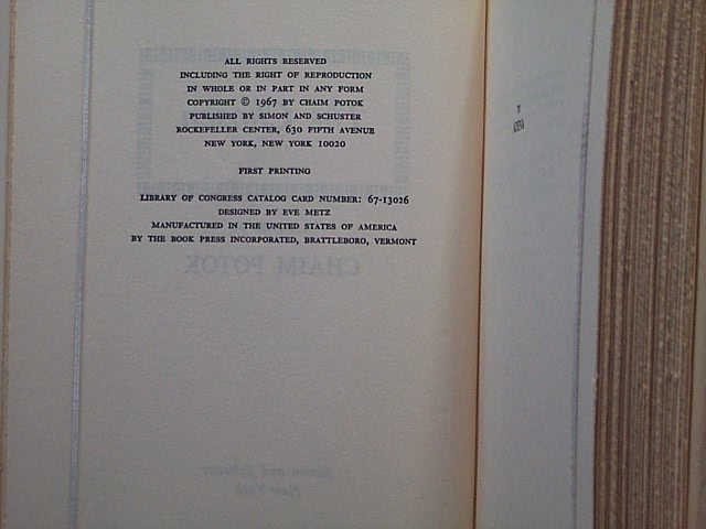 THE CHOSEN by POTOK, CHAIM: HARDCOVER FIRST EDITION. | JOHN LUTSCHAK BOOKS