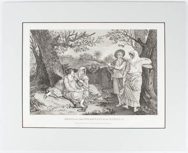An Original Antique Copper Engraving: Dress of the Inhabitants of Manilla, from plate 42 of the Atlas of the Voyage of Laperouse ENGRAVED BY 'HEATH'.