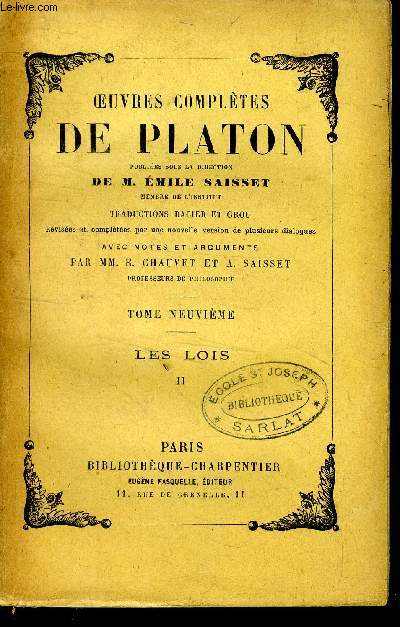 Oeuvres complètes de Platon Tome neuvième Platon [Bon] [Couverture souple]