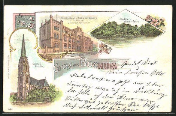 Lithographie Bochum, Hauptportal des Bochumer Vereins für Bergbau