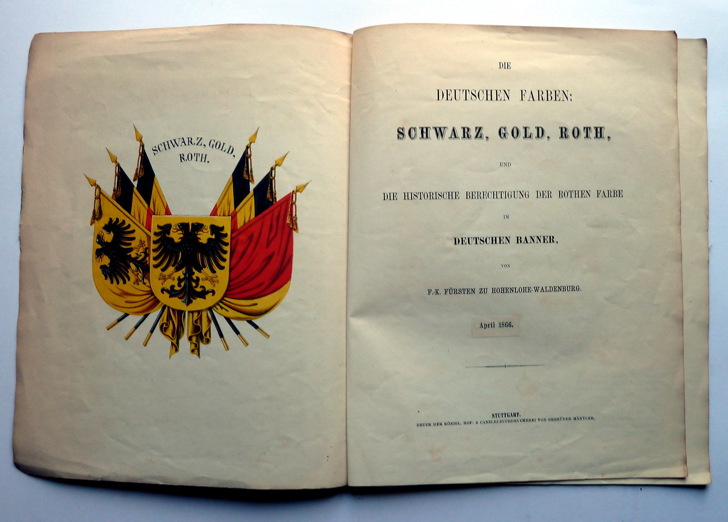 Die deutschen Farben: schwarz, gold, roth und die historische Berechtigung  der rothen Farbe im deutschen Banner. April 1866. par Hohenlohe-Waldenburg,  Friedrich Karl zu.