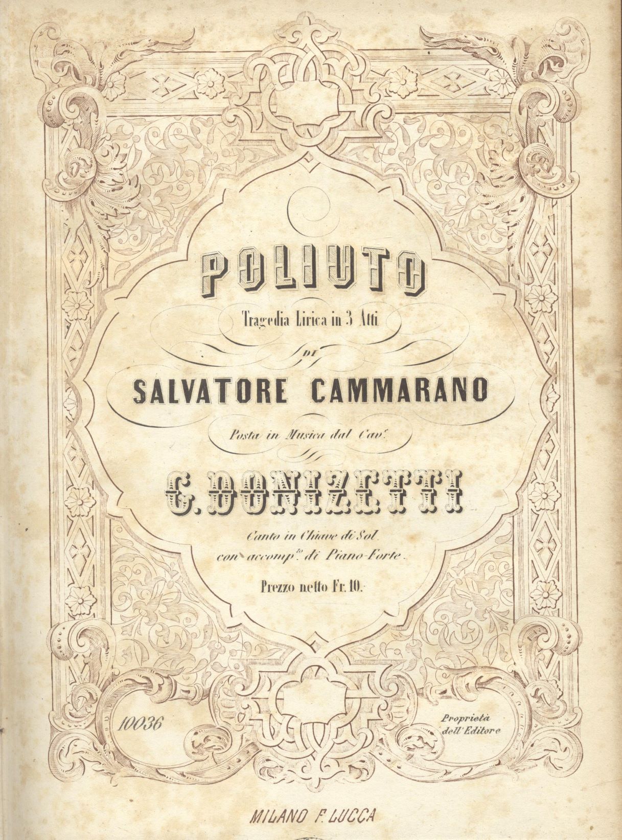 POLIUTO (1848). Tragedia lirica in tre atti di S.Cammarano. Riduzione per  Canto in Chiave di Sol con accompagnamento di Pianoforte. 1870 circa  (Pl.n°10036). by DONIZETTI Gaetano.: discrete Copertina rigida (1870) |  studio