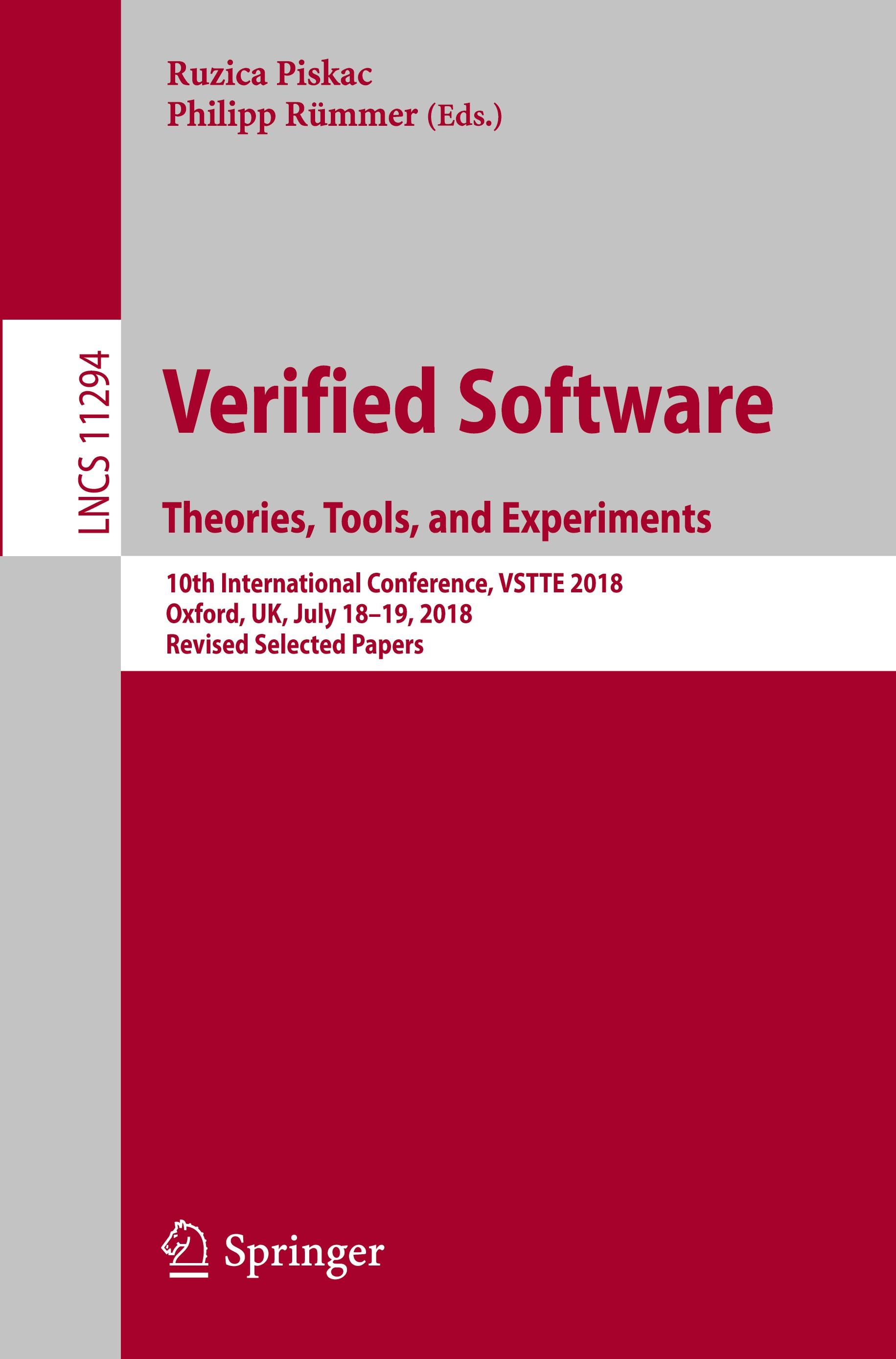 Verified Software. Theories, Tools, and Experiments - Piskac, Ruzica|RÃƒÂ¼mmer, Philipp
