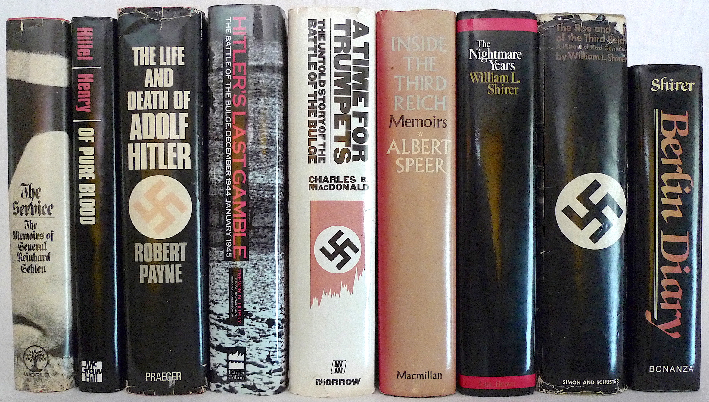 20th Century Historical Accounts of Nazi Germany (1960-1985) - 9 Books; Hitler's Last Gamble: The Battle of the Bulge December 1944-January 1945 by Trevor N. Dupuy, Of Pure Blood by Mark Hillel, The Service The Memoirs of General Reinhard Gehlen translated by David Irving, A Time for Trumpets The Untold Story of the Bulge by Charles B. MacDonald, Berlin Diary/The Nightmare Years: 1930-1940/The Rise and Fall of the Third Reich by William L. Shirer, Inside the Third Reich Memoirs by Albert Speer, The Life and Death of Adolf Hitler by Robert Payne. - Various
