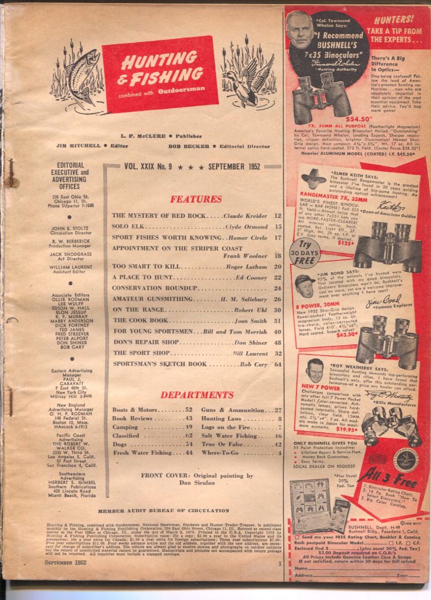 Hunting and Fishing 9/1952Dan Siculan cover artpixinfoadsMystery