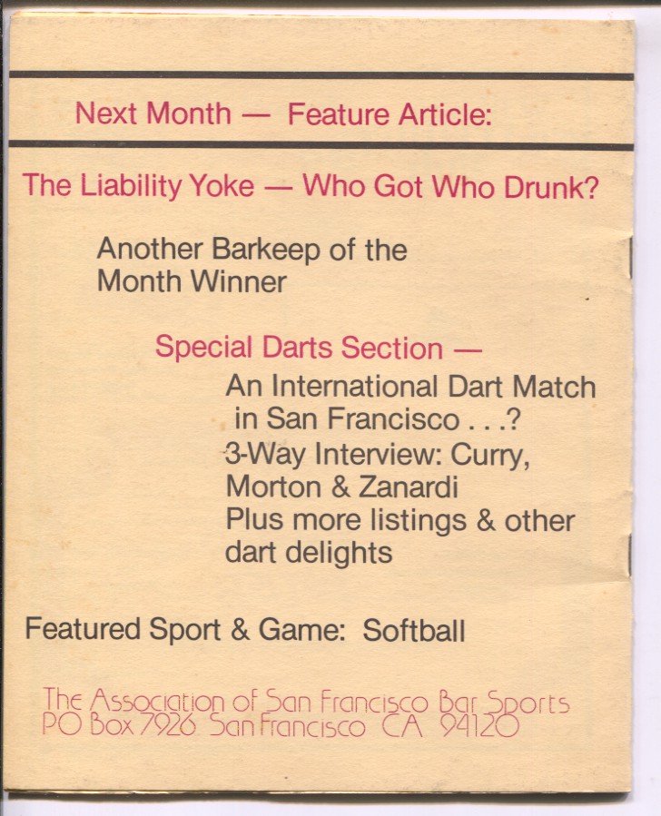 About San Francisco Bar Sports #1 4/1978-1st issue-darts-backgammon-events-locations-VF [Comme Neuf] [Couverture souple]
