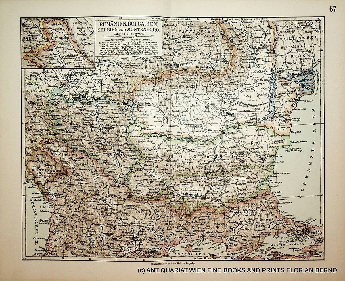 Serbien und Montenegro M4 Bulgarien Alte historische Landkarte 1890: Rumänien 