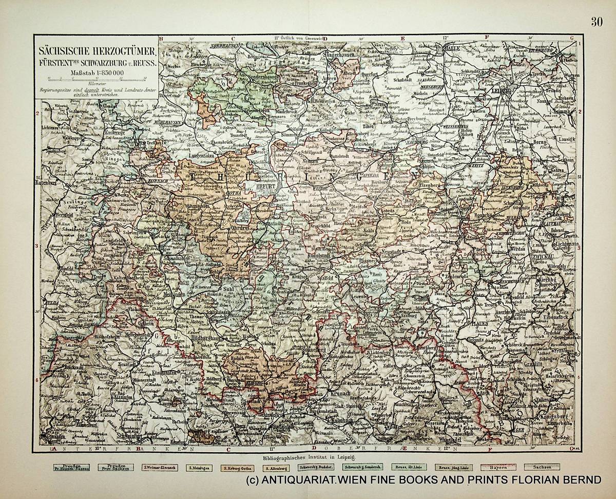 Alte Landkarte 1878 Fürstentümer Schwarzburg Reuss Sächsische Herzogtümer M3 