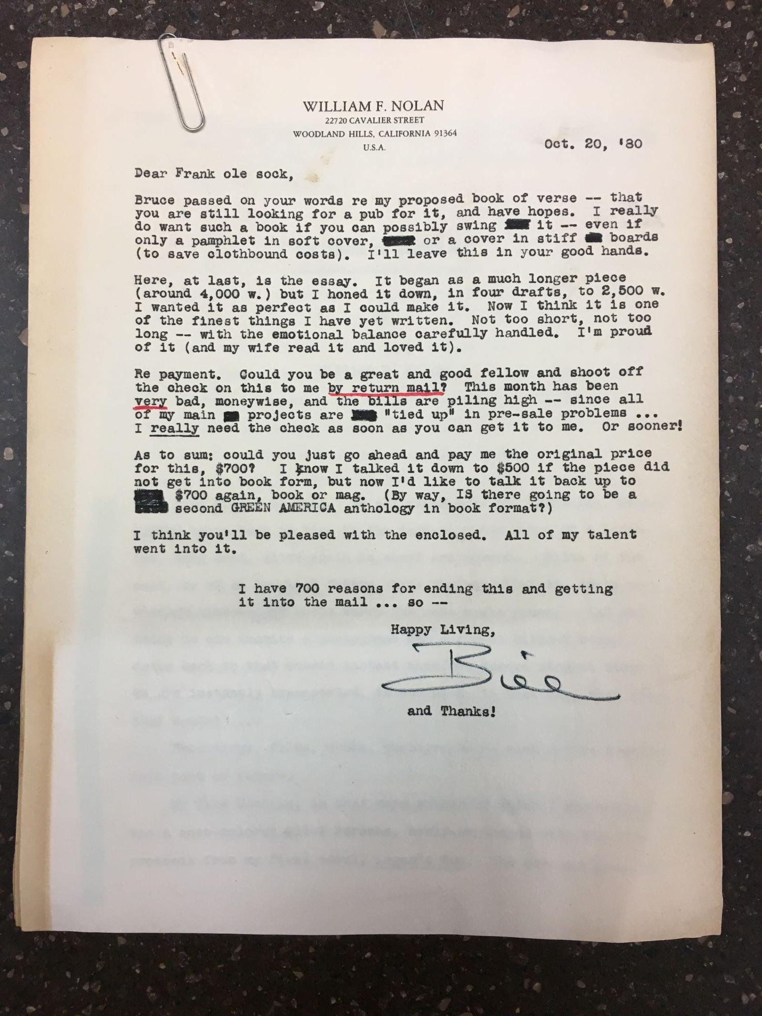 Nolan Red Paper Script THREE ITEMS SIGNED BY WILLIAM F. NOLAN, INCLUDING THE RAY BRADBURY ...