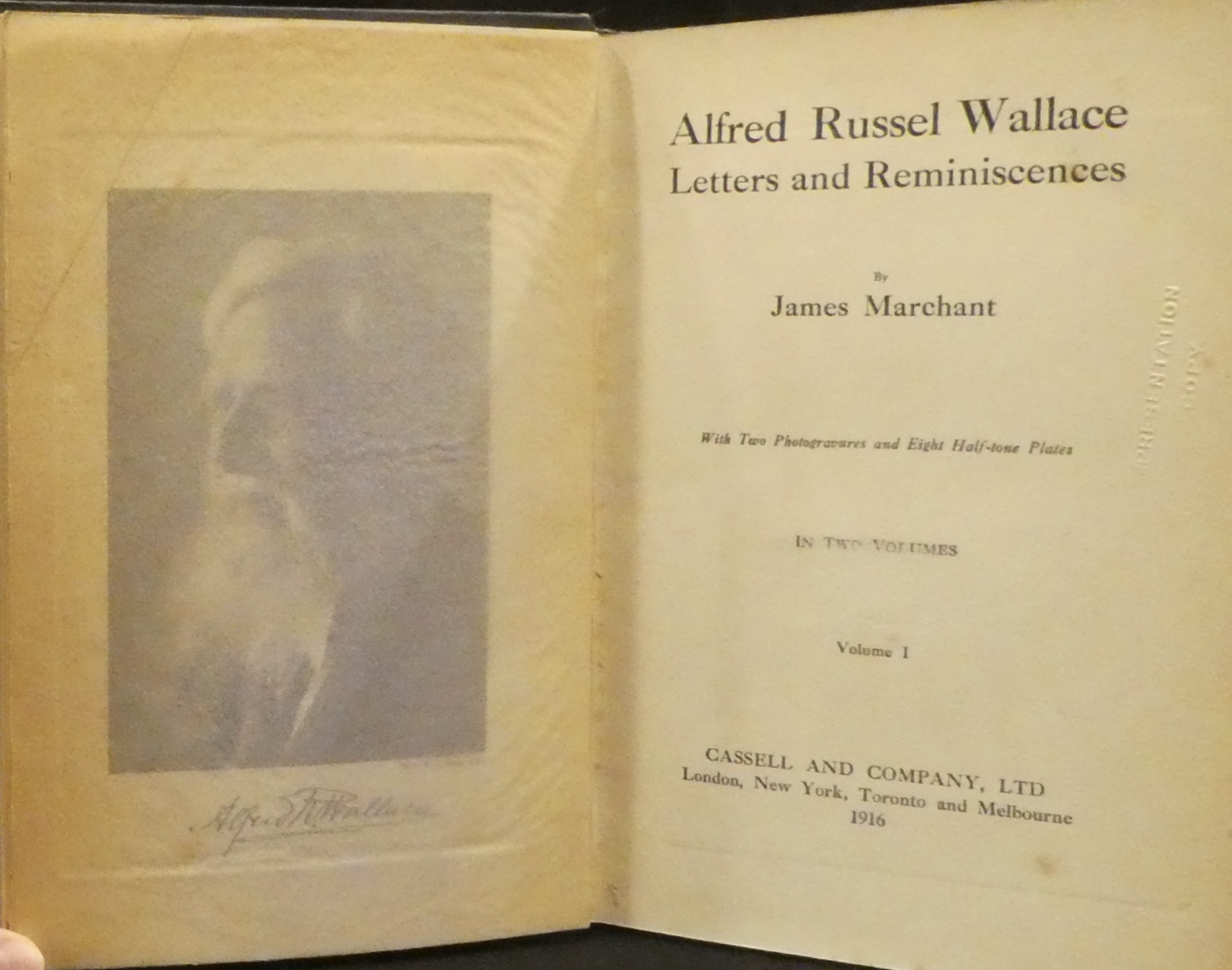 Marchant, James ed. 1916. Alfred Russel Wallace letters and reminiscences.  London: Cassell. Volume 1.