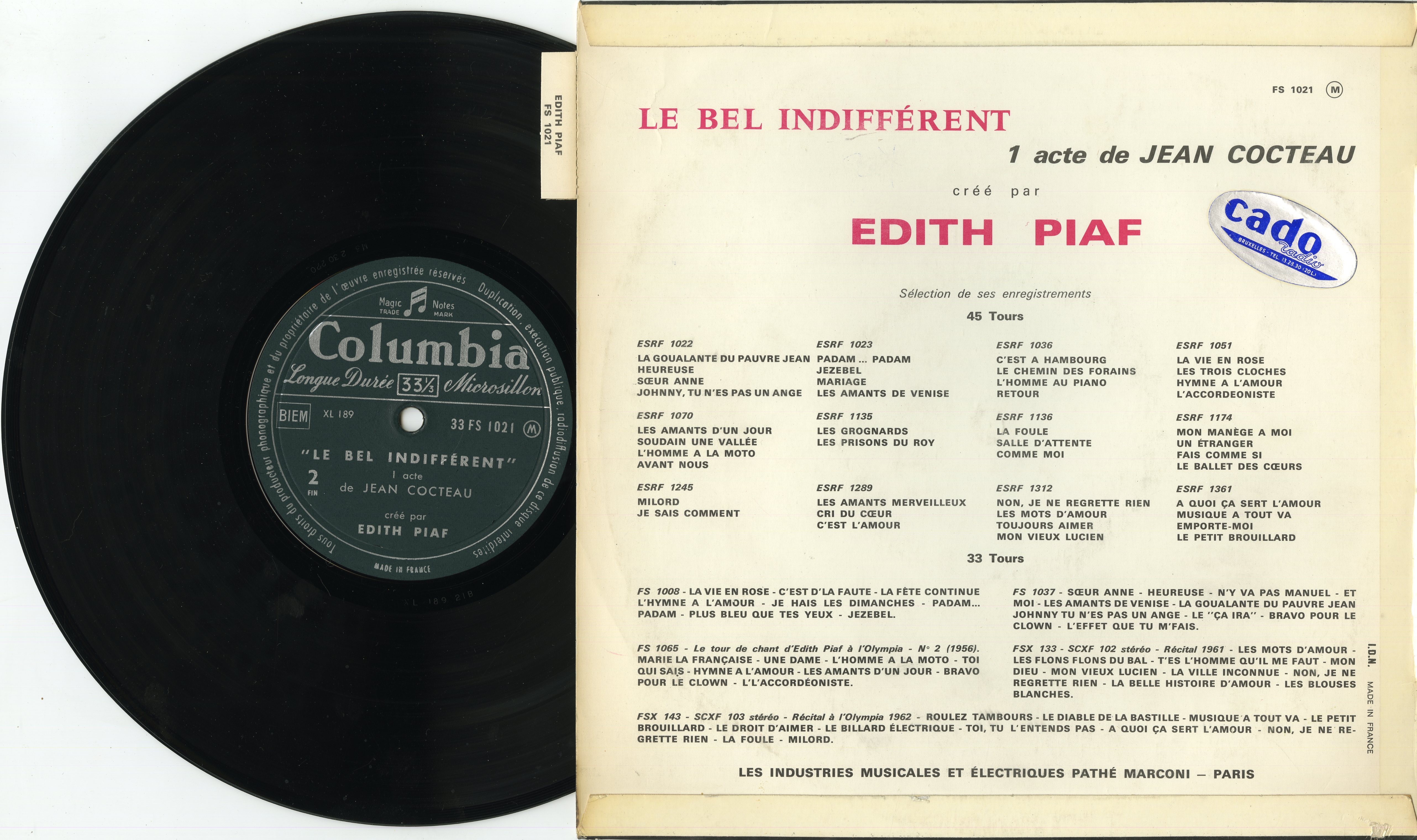 "Edith PIAF / Jean COCTEAU" Le Bel Indifférent / LP 33 tours 25cm