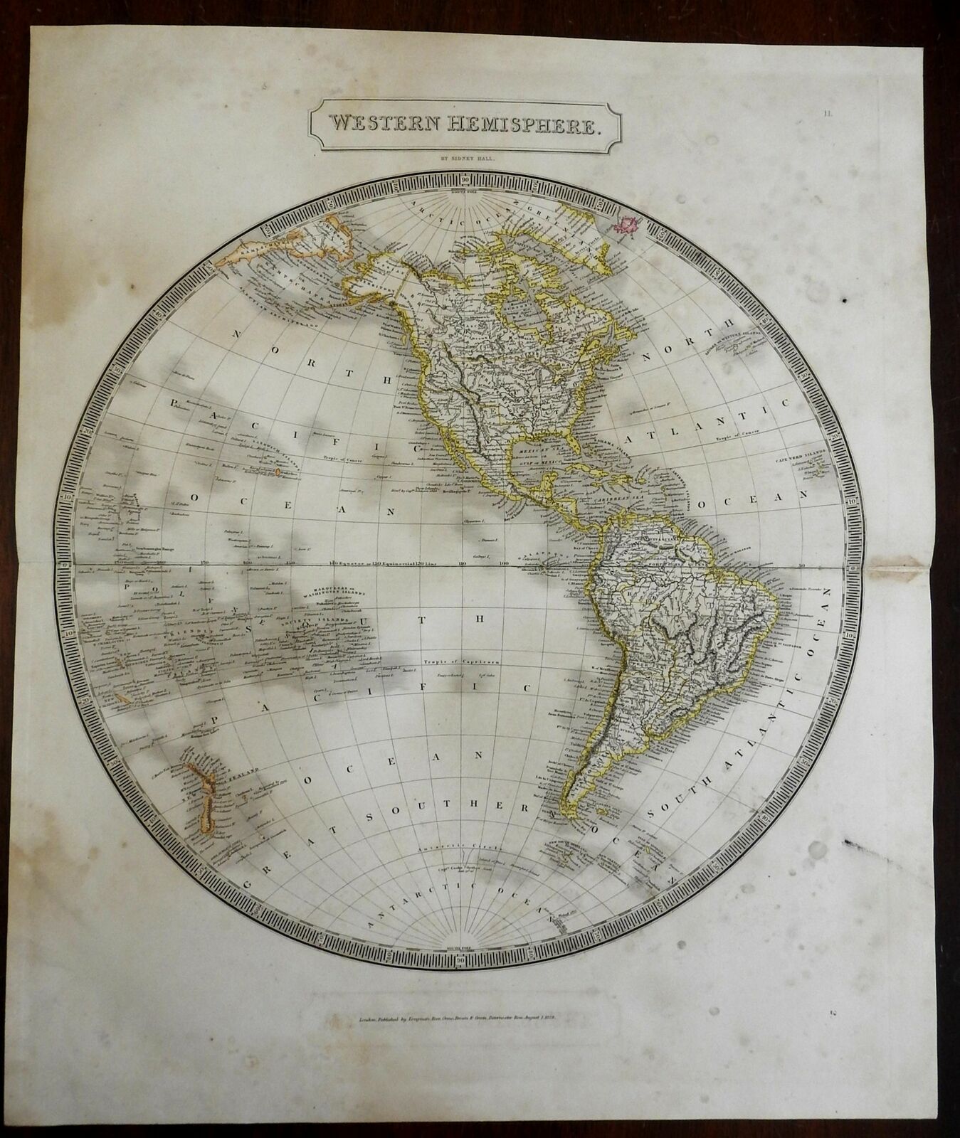 1829　North　Map　Zealand　RareMapsandBooks　America　Western　South　New　Hemisphere　(1829)　Hall　America　Hawaii　map: