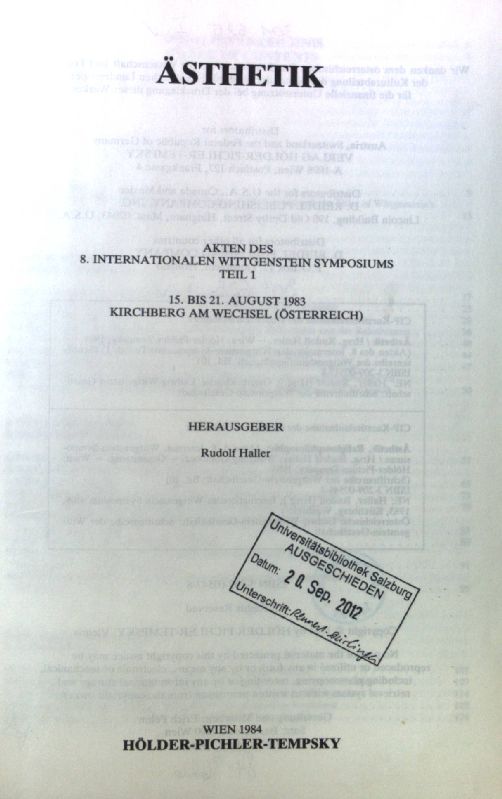 Ästhetik. Schriftenreihe der Wittgenstein-Gesellschaft ; Bd. 10. - Haller , Rudolf