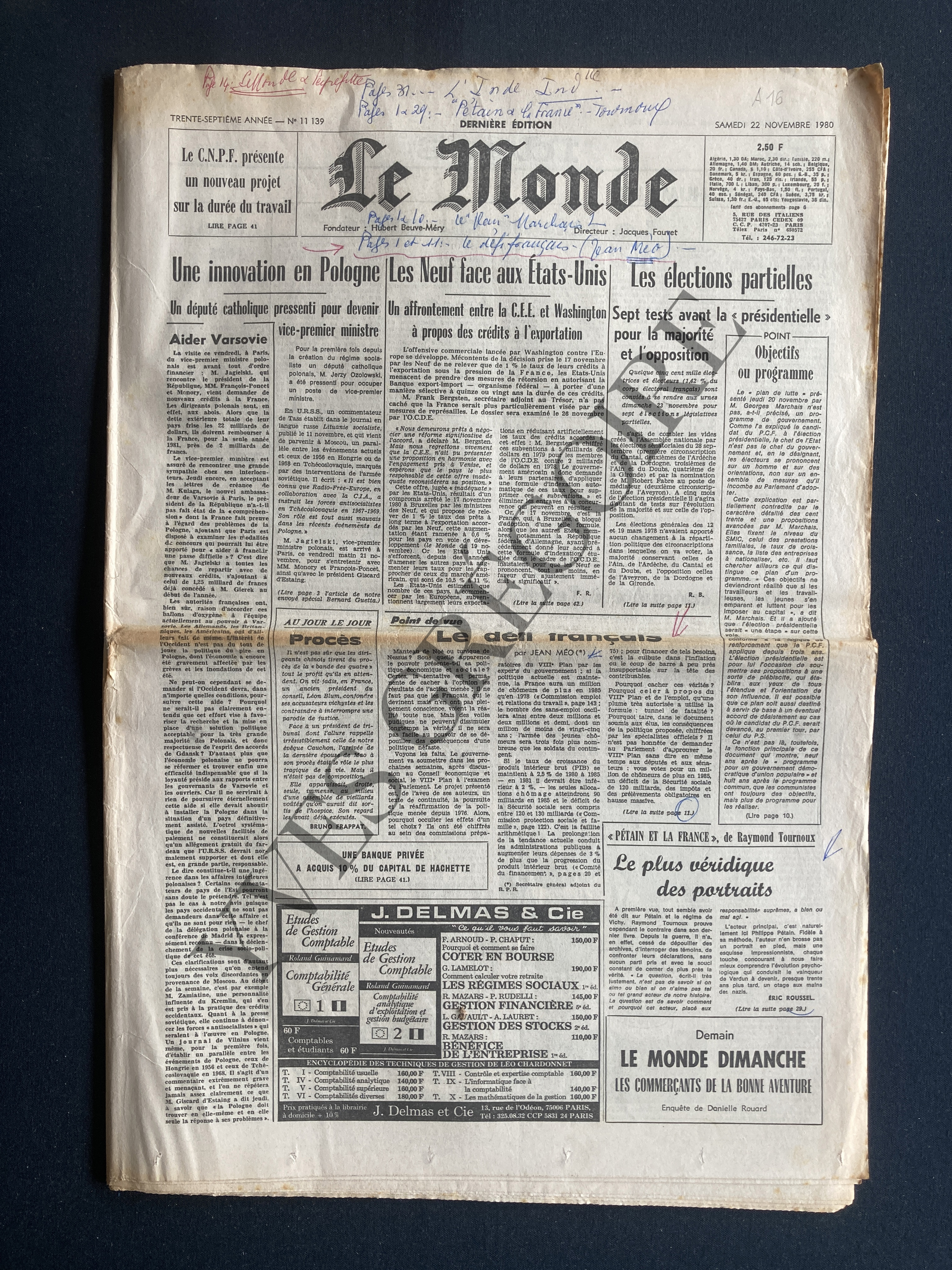 LE MONDE-N°11139-SAMEDI 22 NOVEMBRE 1980 [Très bon] [Couverture souple]