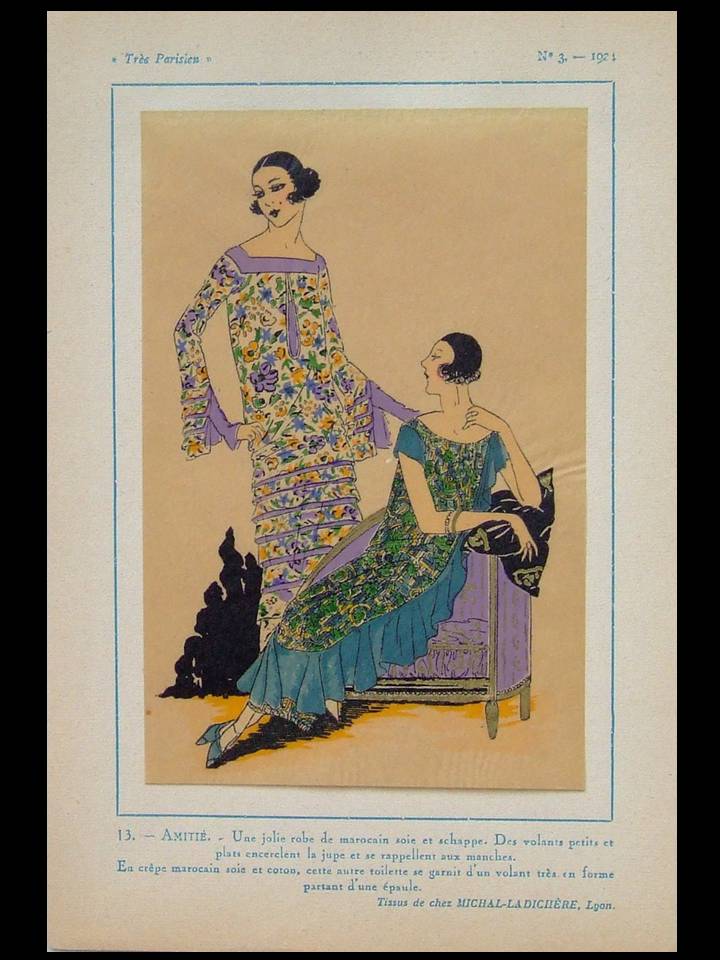 ROBES ART DECO, TISSUS MICHAL LADICHERE - 1924 - POCHOIR SUR CALQUE, TRES PARISIEN, FRENCH ART DECO FASHION, DRESS [Near Fine]