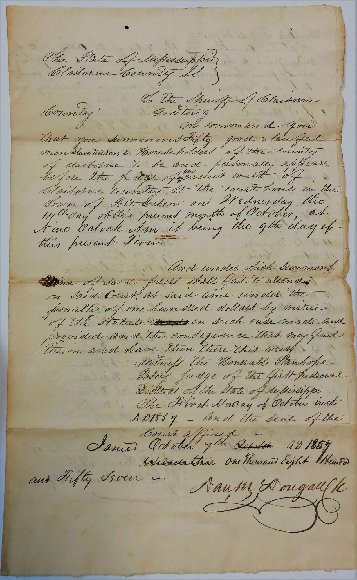INSTRUCTIONS TO THE CLAIBORNE COUNTY SHERIFF TO SUMMON "FIFTY GOOD AND