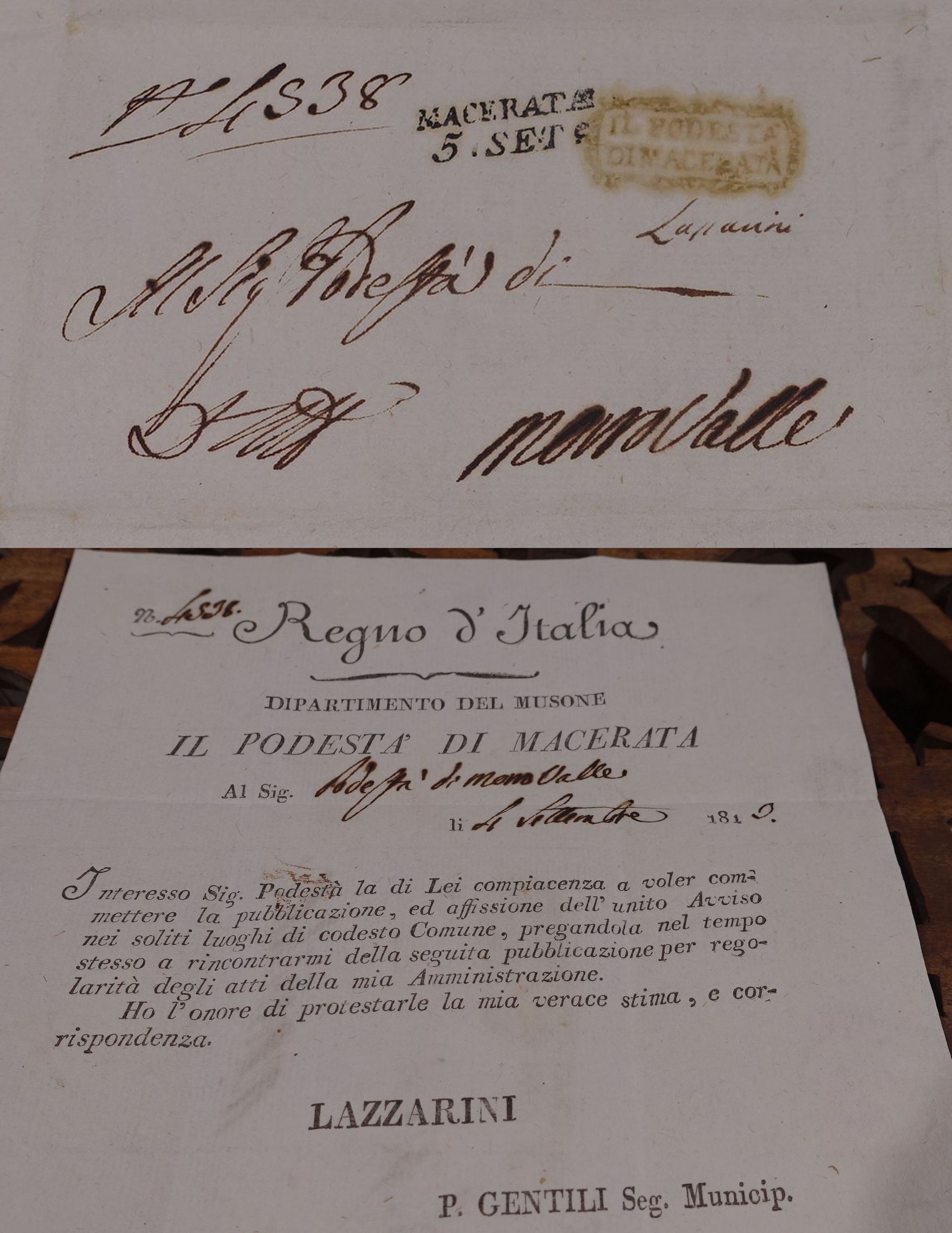 Schoner Italienischer Vorphila Brief Aus Der Zeit Des Konigsreichs Italien Mit Napoleon Bonaparte Als Konig Der Burgermeister Von Macerata Namens Lazzarini Wendet Sich An Den Burgermeister Von Monovalle By Brief Konigreich Italien 1813